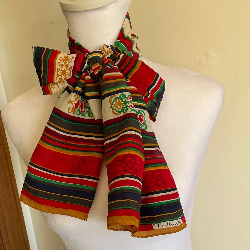 TALBOTS Vintage Oblong Silk Geometric Scroll Motif Multicolor Scarf